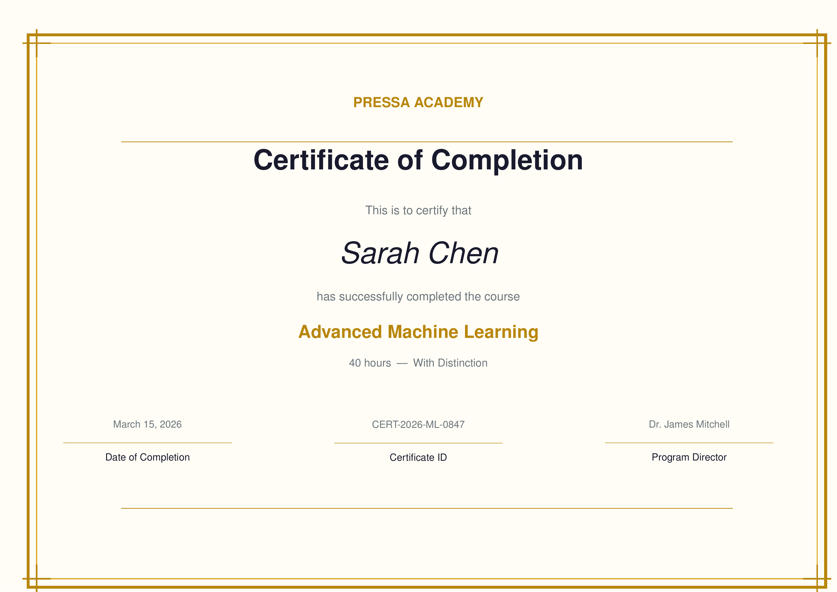 Course Certificate PDF example