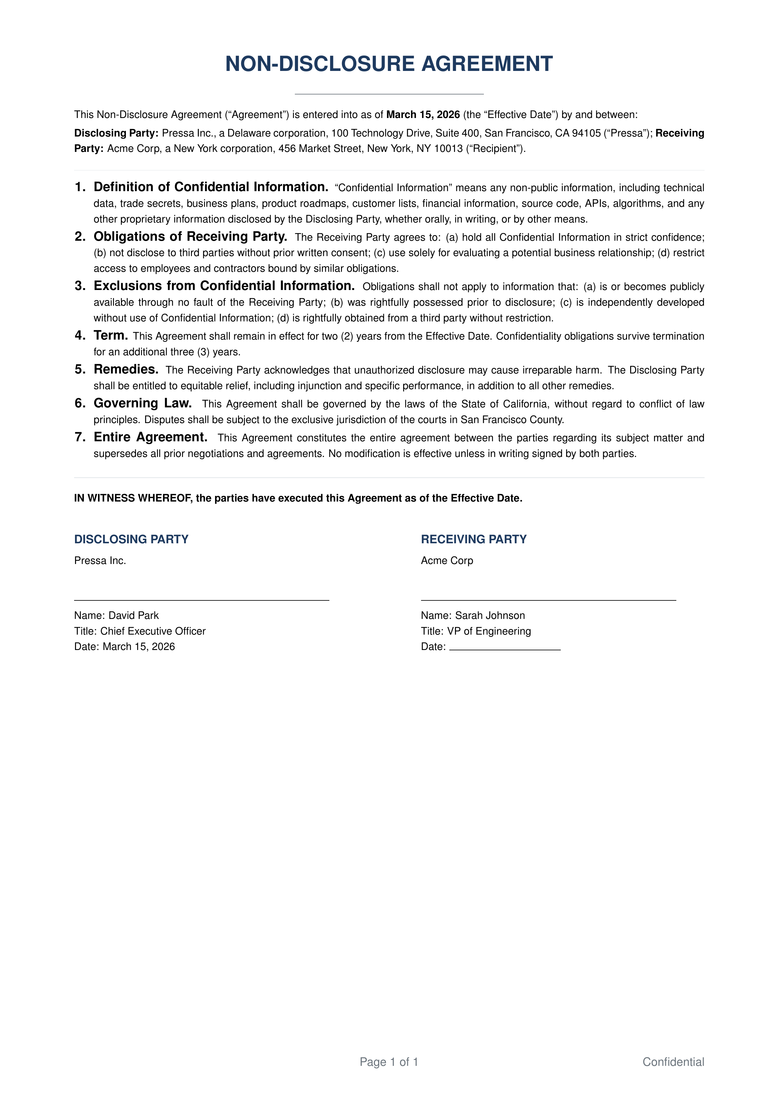 NDA Contract PDF example